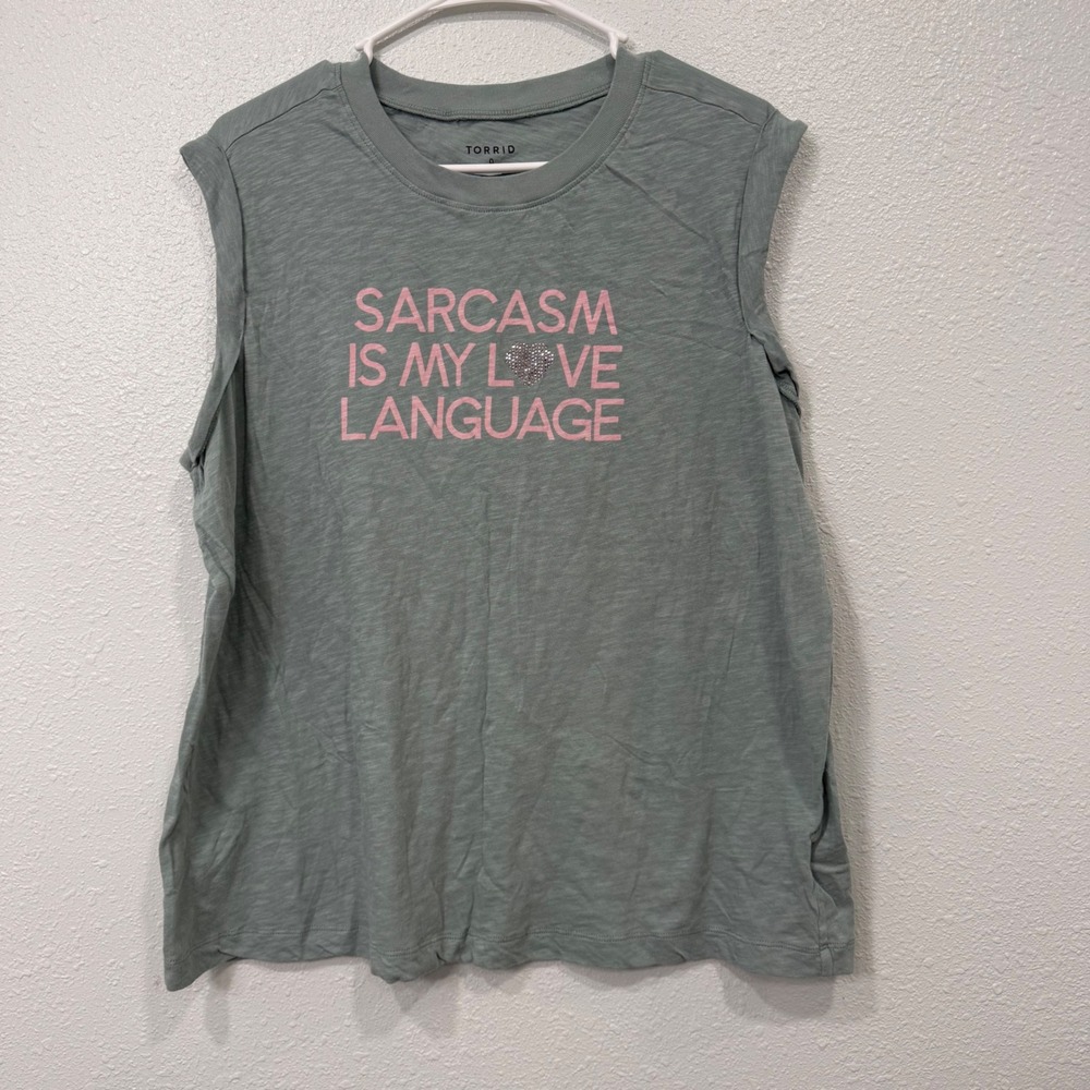 Torrid Sarcasm Is My Love Language Graphic Muscle Tee Sage Green Plus Size 0 L